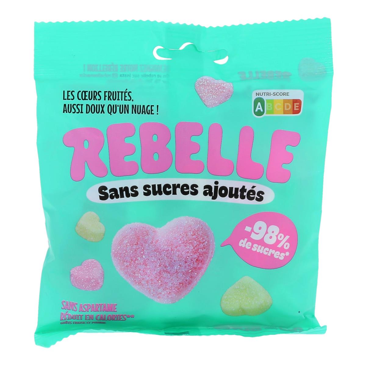 REBELLE Les Coeurs Fruités—as soft as a cloud, with no added sugar, strawberry/apple flavors, 50g bag