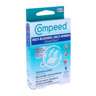 Compeed Multi-Injury SmartSkin, Waterproof Hydrocolloid Bandages, Box of 9 Bandages (3 medium, 3 large, 3 finger bandages)