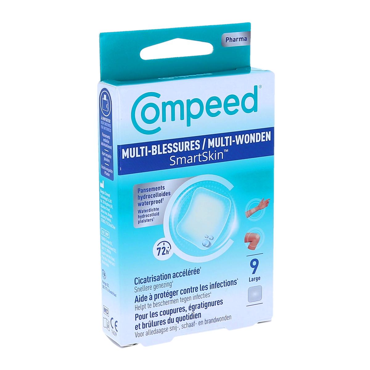 Compeed Multi-Wound SmartSkin, Waterproof Hydrocolloid Bandages, Size: Large (50x50 mm), Box of 9 Bandages